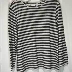 CHICOS OLIVE GREEN & WHITE STRIPED 3/4 SLEEVE TOP WITH BEADED DETAIL